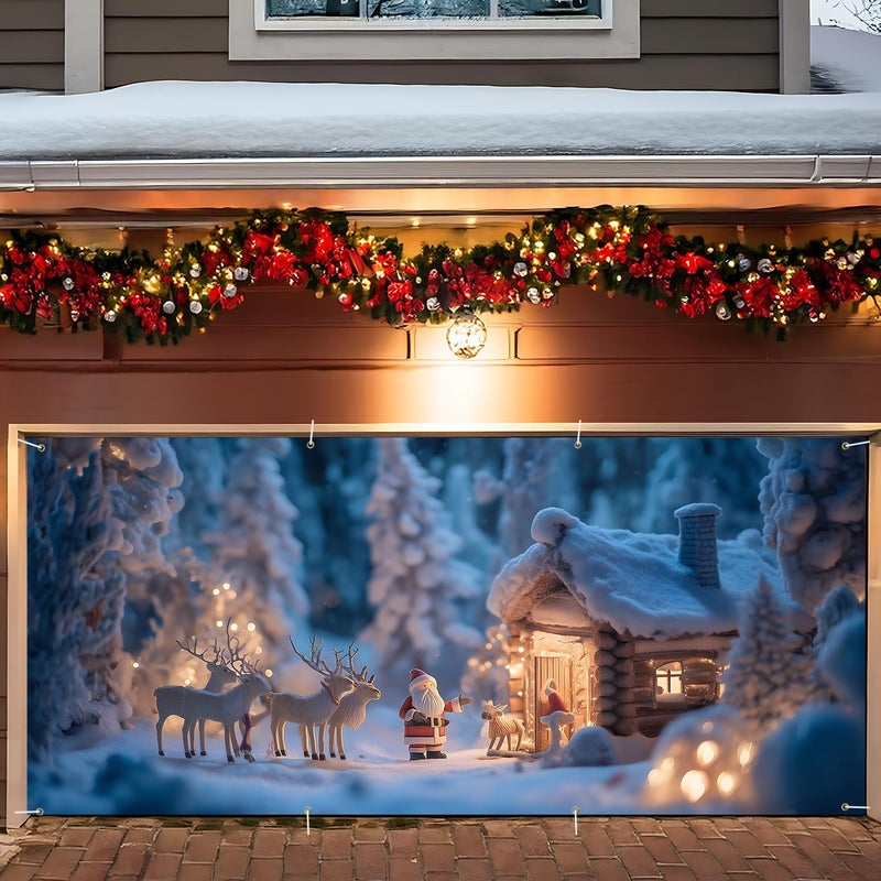 ANNA QUEEN Christmas Garage Door Banner 6×13 FT, Cozy Cabin with Santa & Reindeer, Winter Forest Holiday Scene, Outdoor Garage Decoration for Parties Home Decor - Image 1